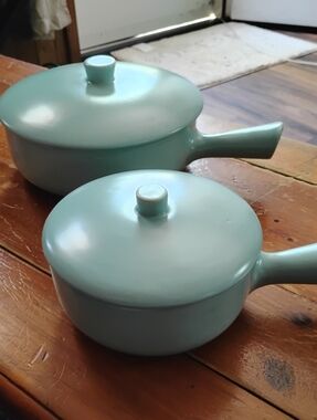 Vintage Set La Solana Pottery Sage Green Casserole Dish Pots with Lid and Handle